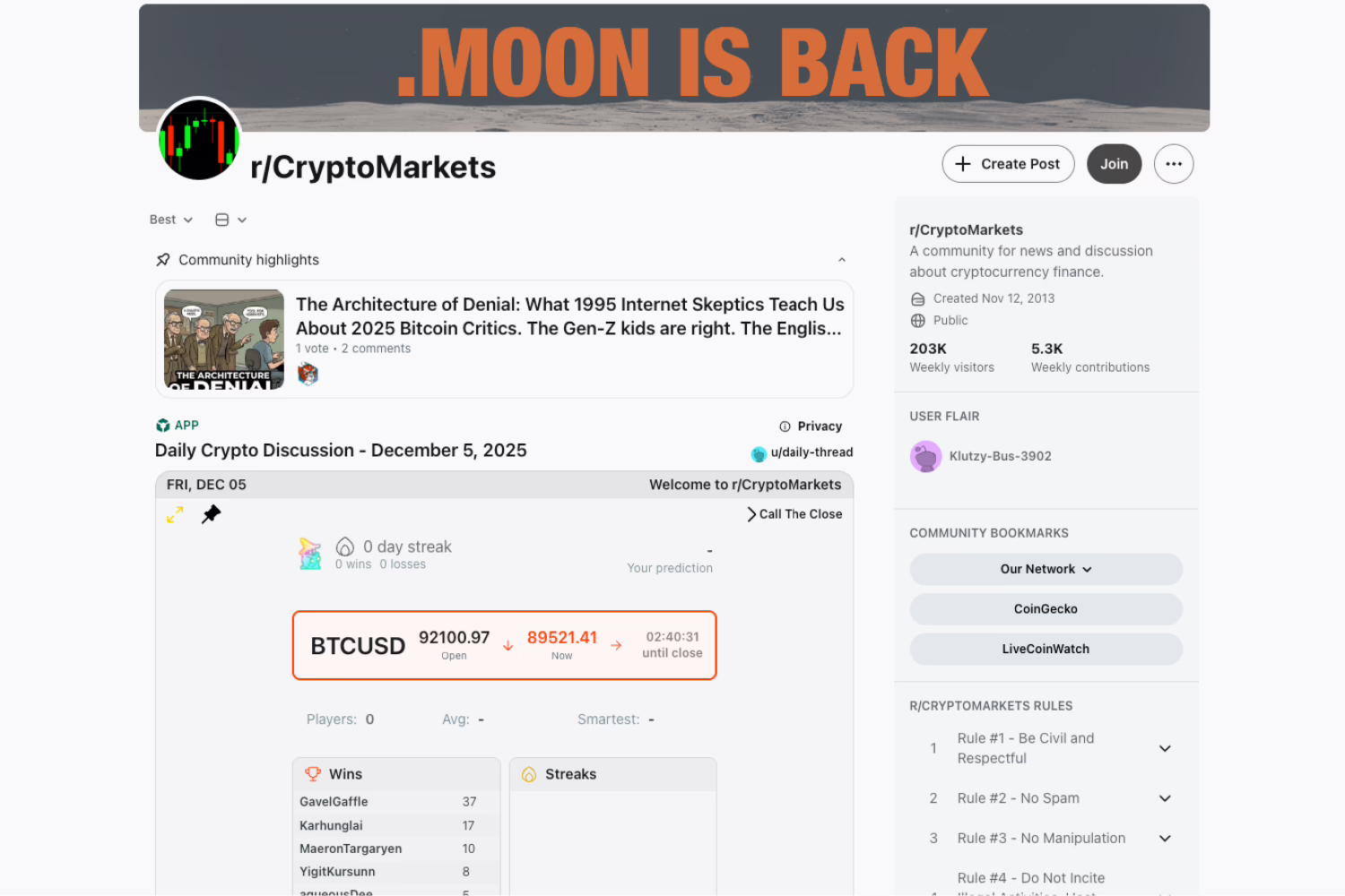r/CryptoMarkets is considered to be one of the top crypto subreddits for traders.
